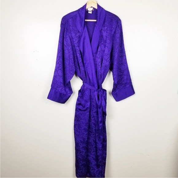VINTAGE VICTORIA’S SECRET Gold Label Long Satin Robe Waist Tie Royal Purple US M - Picture 1 of 13